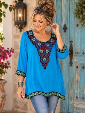 Anjili Blue Embroidered Boho Tunic Top 3/4 Sleeve Colorful Size 38